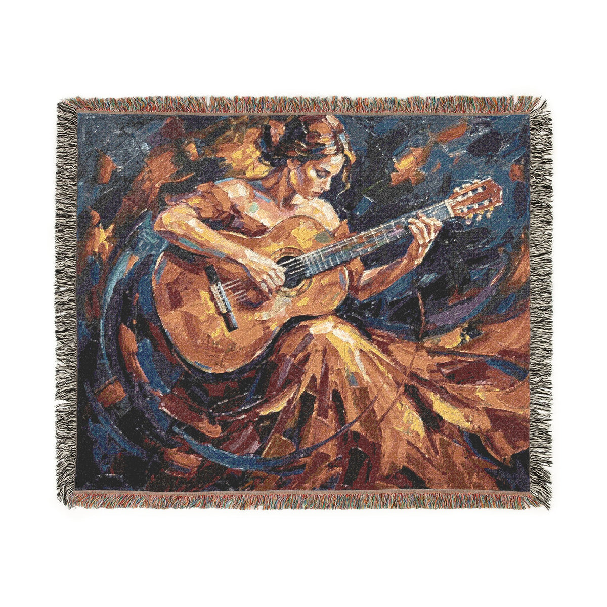 Flamenco Guitar Woman Woven Blanket | Abstract Spanish Oil Painting