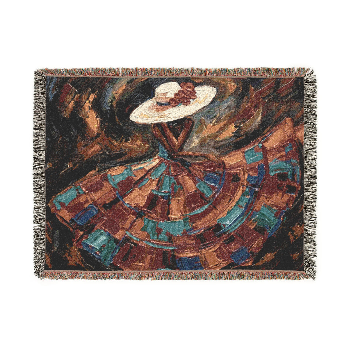 Afro-Peruvian Dancer Woven Blanket | Abstract Impasto Hat Skirt Crimson Teal