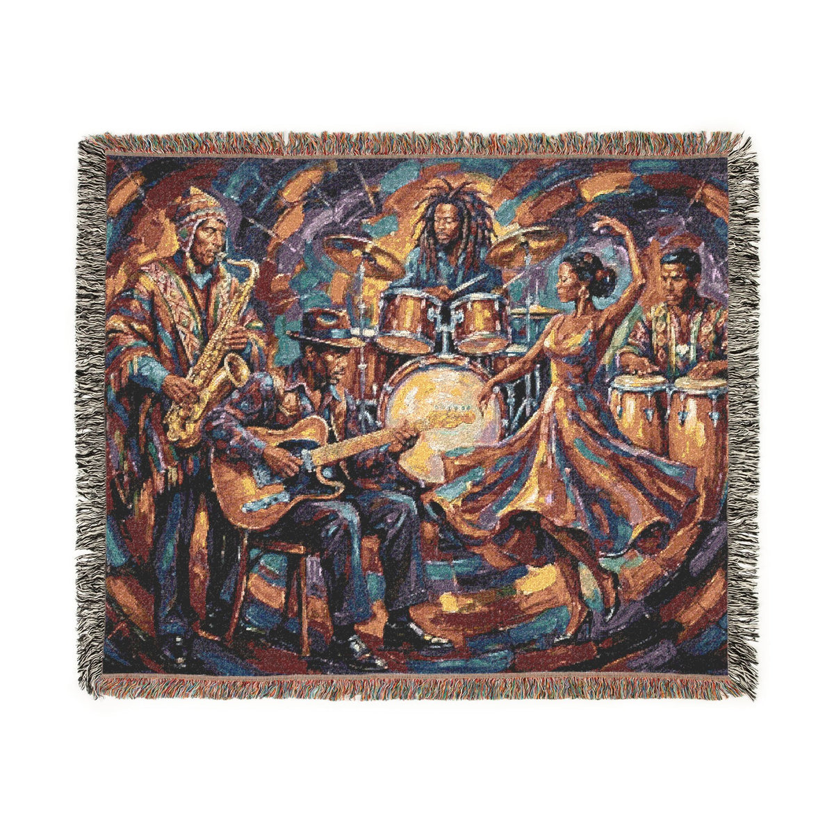 Latin Afro-Fusion Band inpired painting Woven Blanket | Vibrant Impasto Music Ensemble Throw