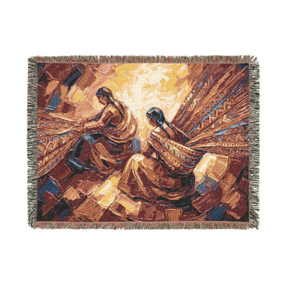 Quechua Women Weaving Woven Blanket | Andean Abstract Oil Painting Textile Print