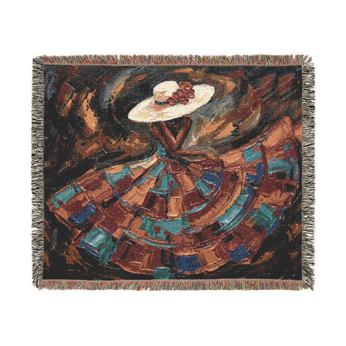 Afro-Peruvian Dancer Woven Blanket | Abstract Impasto Hat Skirt Crimson Teal