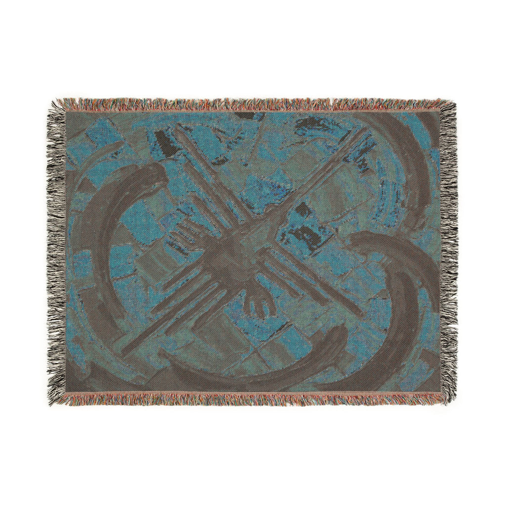 Nazca Lines inspired Hummingbird Woven Blanket | Abstract Peruvian Geoglyph Oil Painting