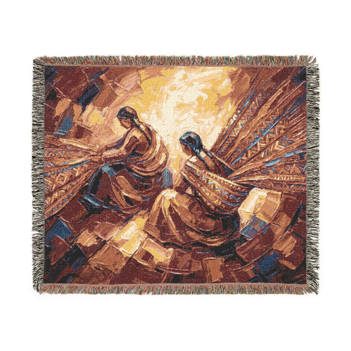 Quechua Women Weaving Woven Blanket | Andean Abstract Oil Painting Textile Print