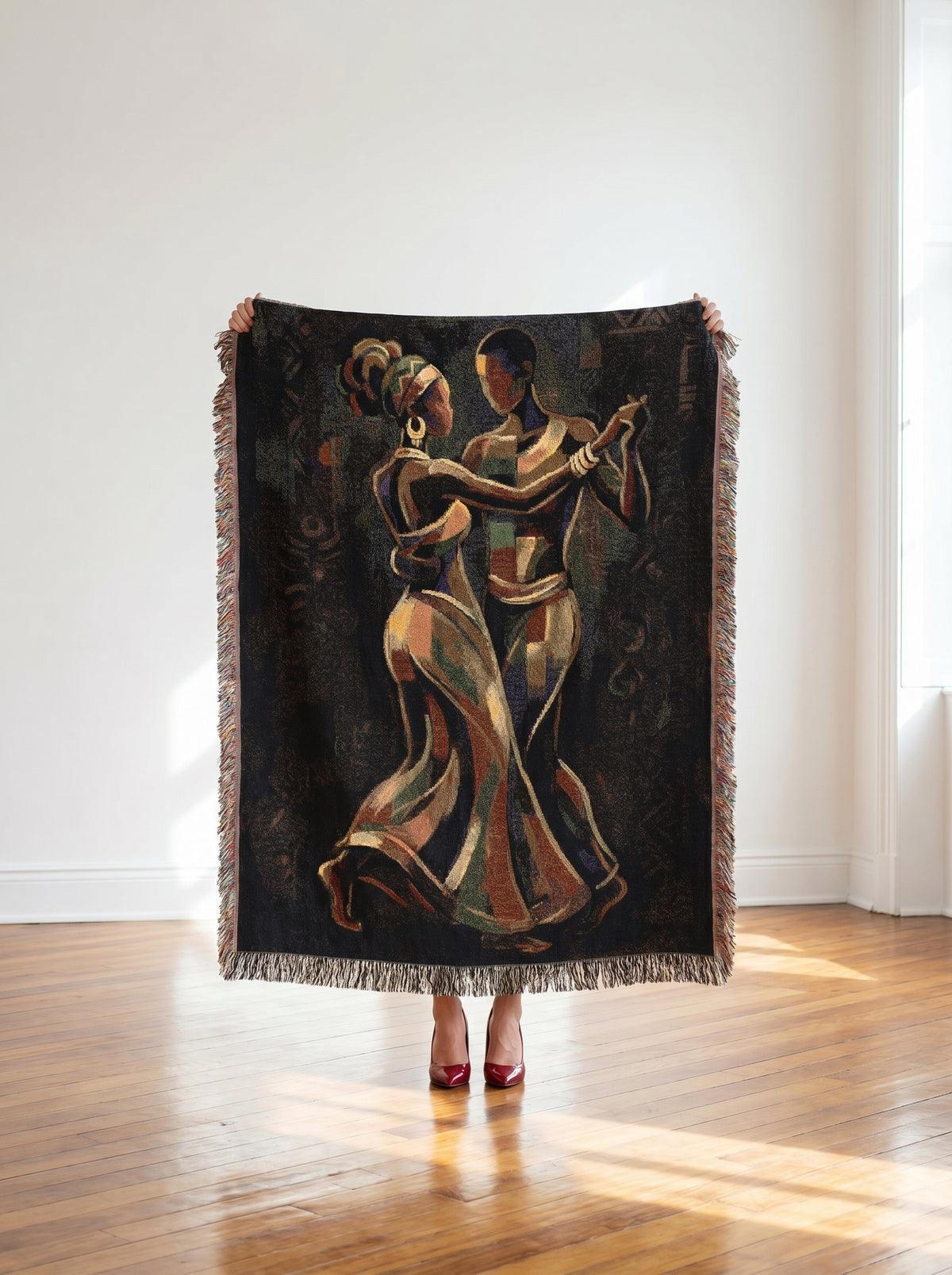 Afrocentric Partner Dance Woven Blanket | Abstract Figures, Boho Tribal Home Decor