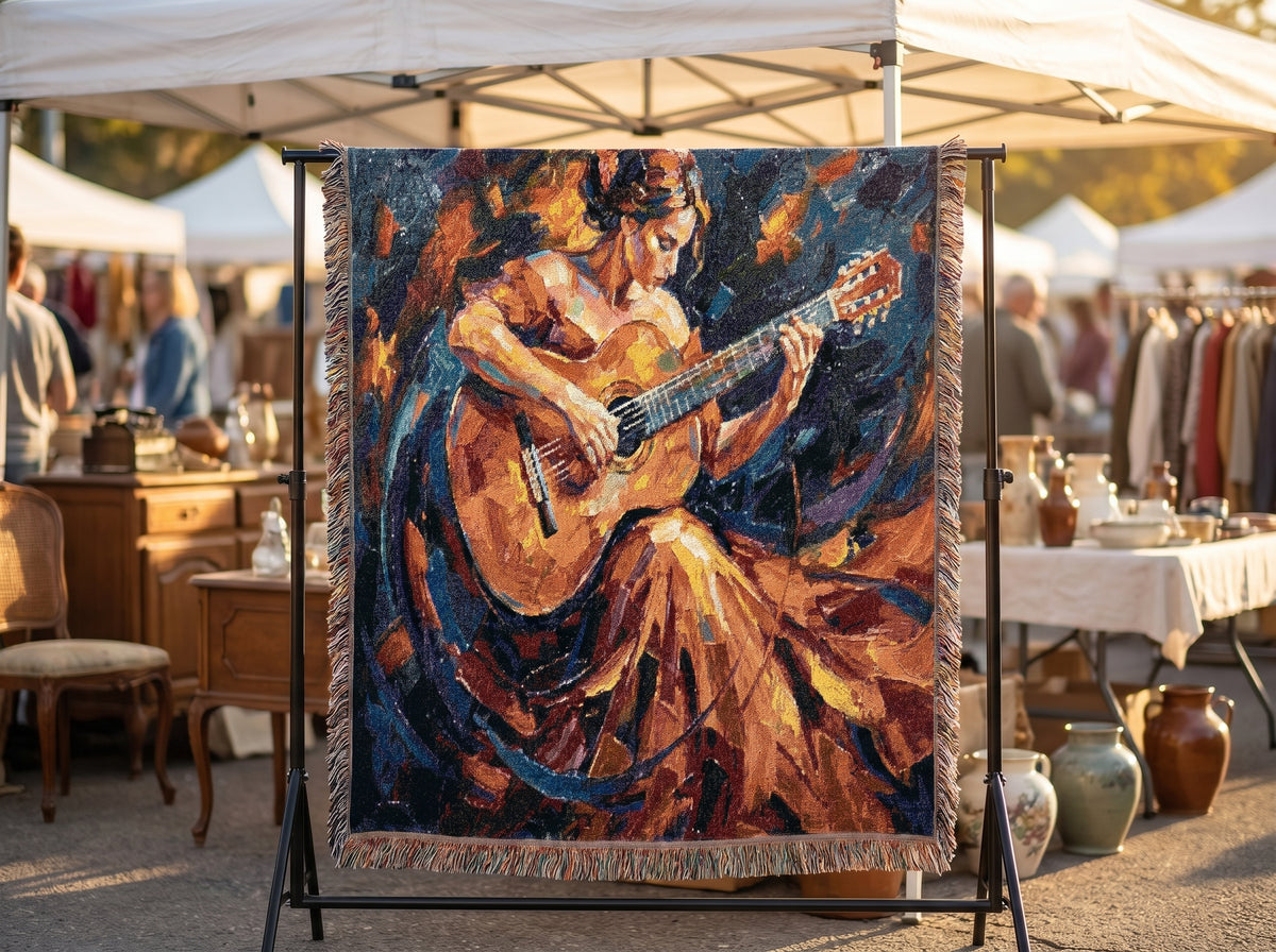 Flamenco Guitar Woman Woven Blanket | Abstract Spanish Oil Painting