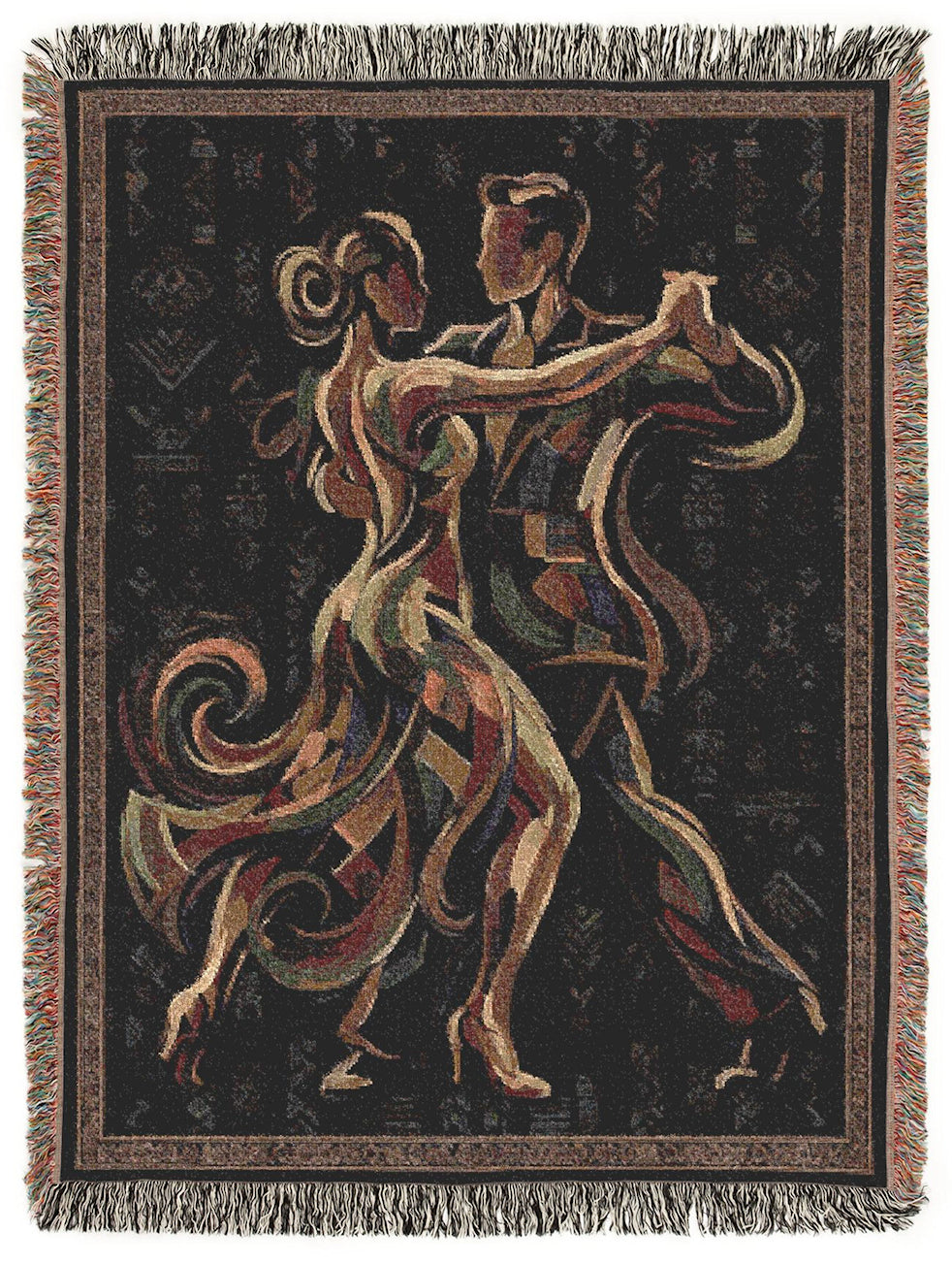 Latin Dance Couple Woven Blanket | Abstract Boho Tapestry, Gold Ribbon Movement