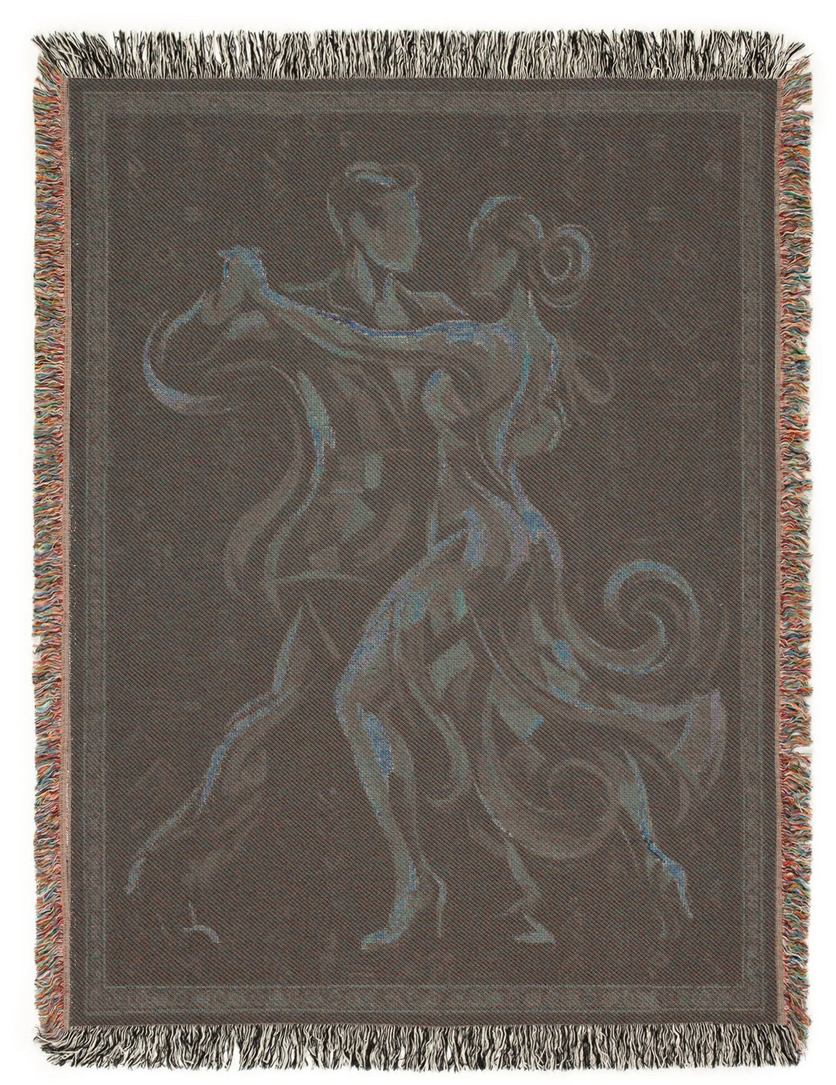 Latin Dance Couple Woven Blanket | Abstract Boho Tapestry, Gold Ribbon Movement