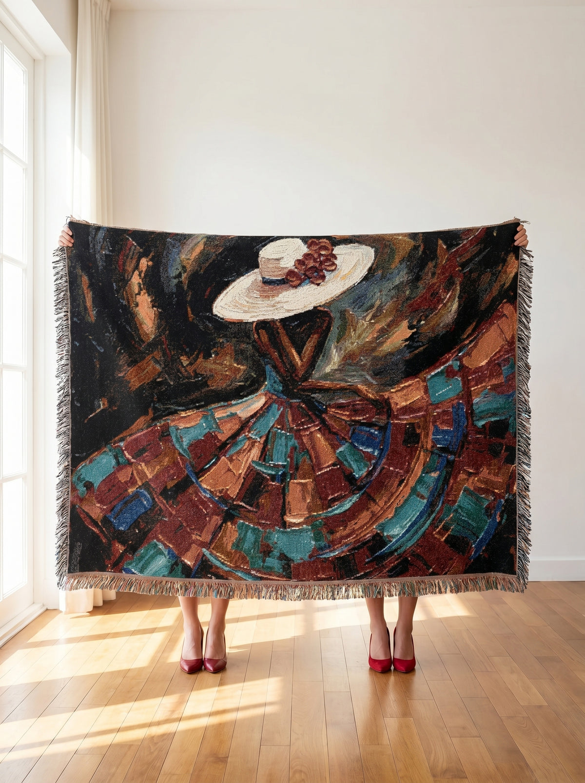 Afro-Peruvian Dancer Woven Blanket | Abstract Impasto Hat Skirt Crimson Teal