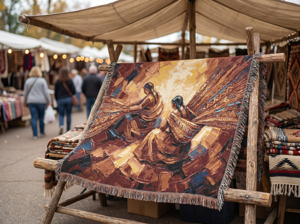 Quechua Women Weaving Woven Blanket | Andean Abstract Oil Painting Textile Print