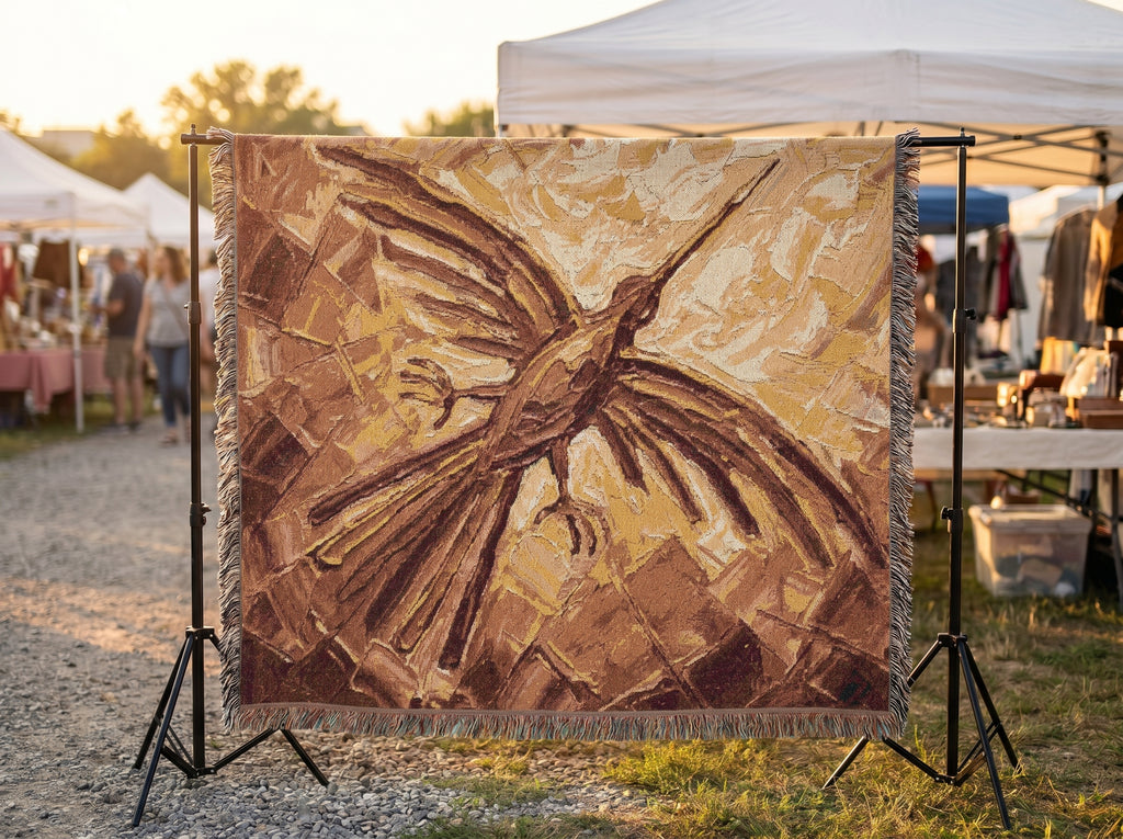 Nazca Lines Hummingbird abstract oil painting Woven Blanket | Peruvian folkloric desert palette