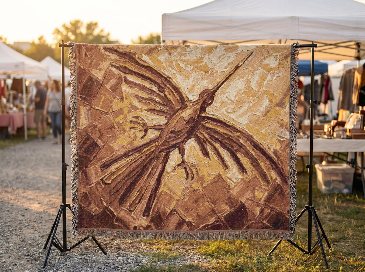 Nazca Lines Hummingbird abstract oil painting Woven Blanket | Peruvian folkloric desert palette