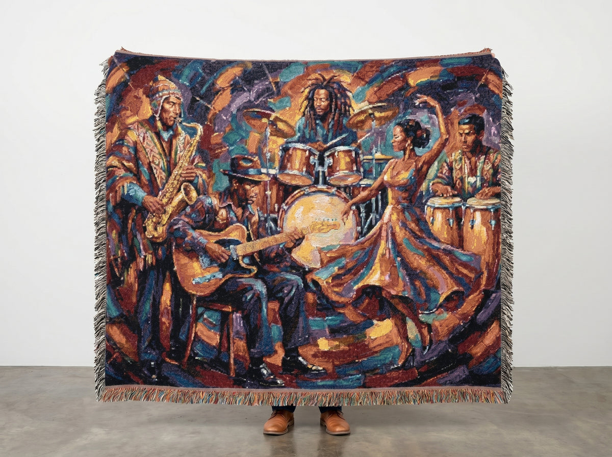Latin Afro-Fusion Band inpired painting Woven Blanket | Vibrant Impasto Music Ensemble Throw