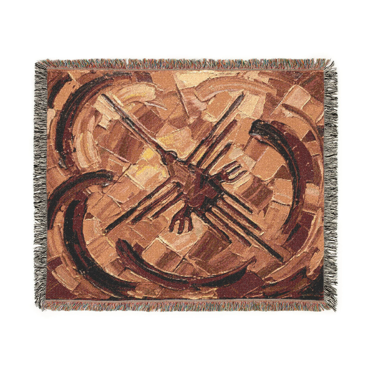 Nazca Lines inspired Hummingbird Woven Blanket | Abstract Peruvian Geoglyph Oil Painting