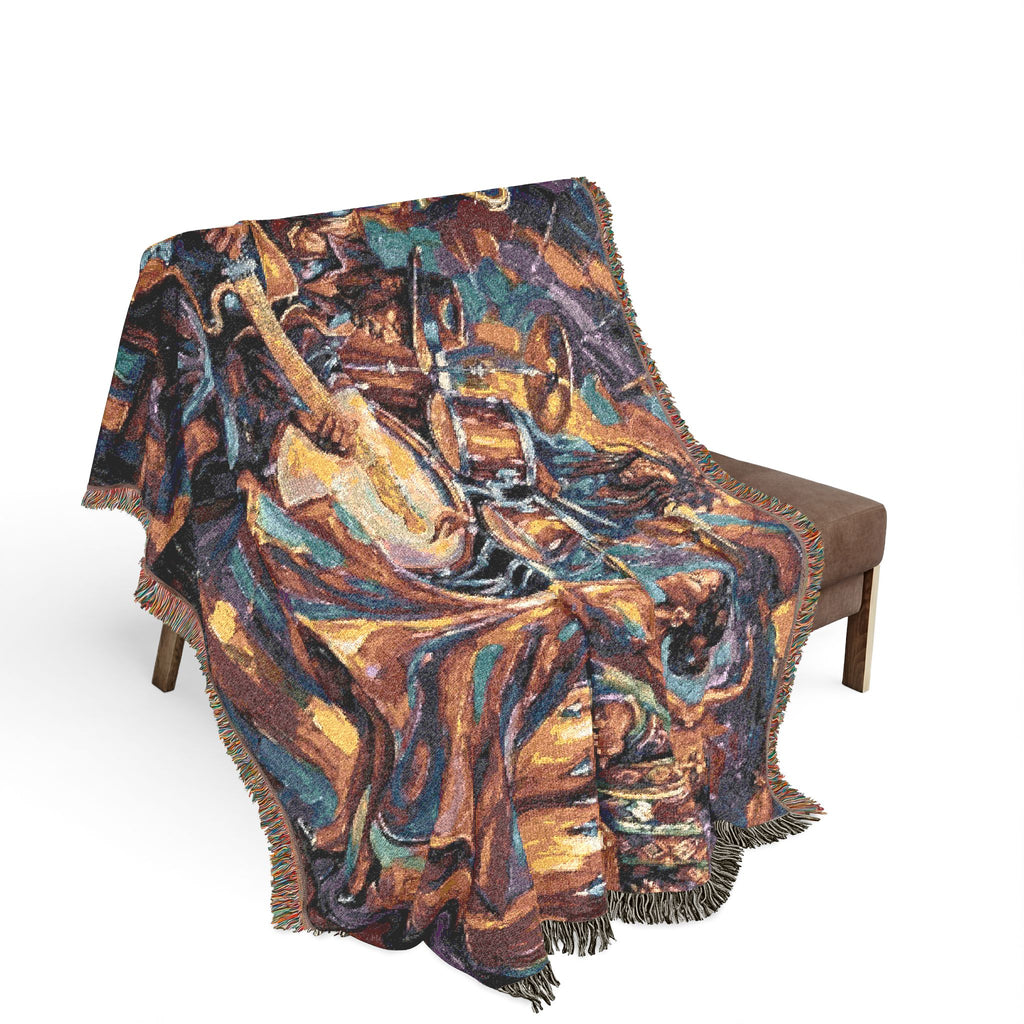 Latin Afro-Fusion Band inpired painting Woven Blanket | Vibrant Impasto Music Ensemble Throw