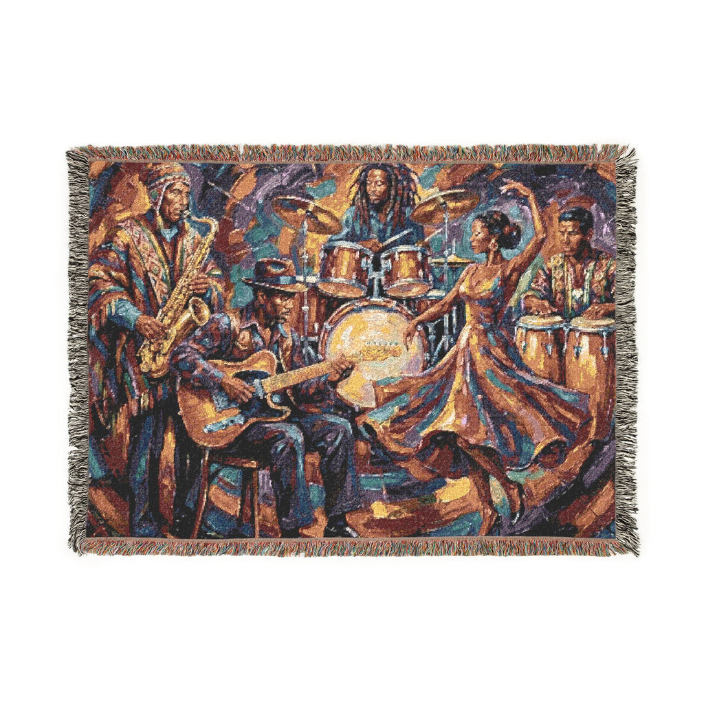 Latin Afro-Fusion Band inpired painting Woven Blanket | Vibrant Impasto Music Ensemble Throw