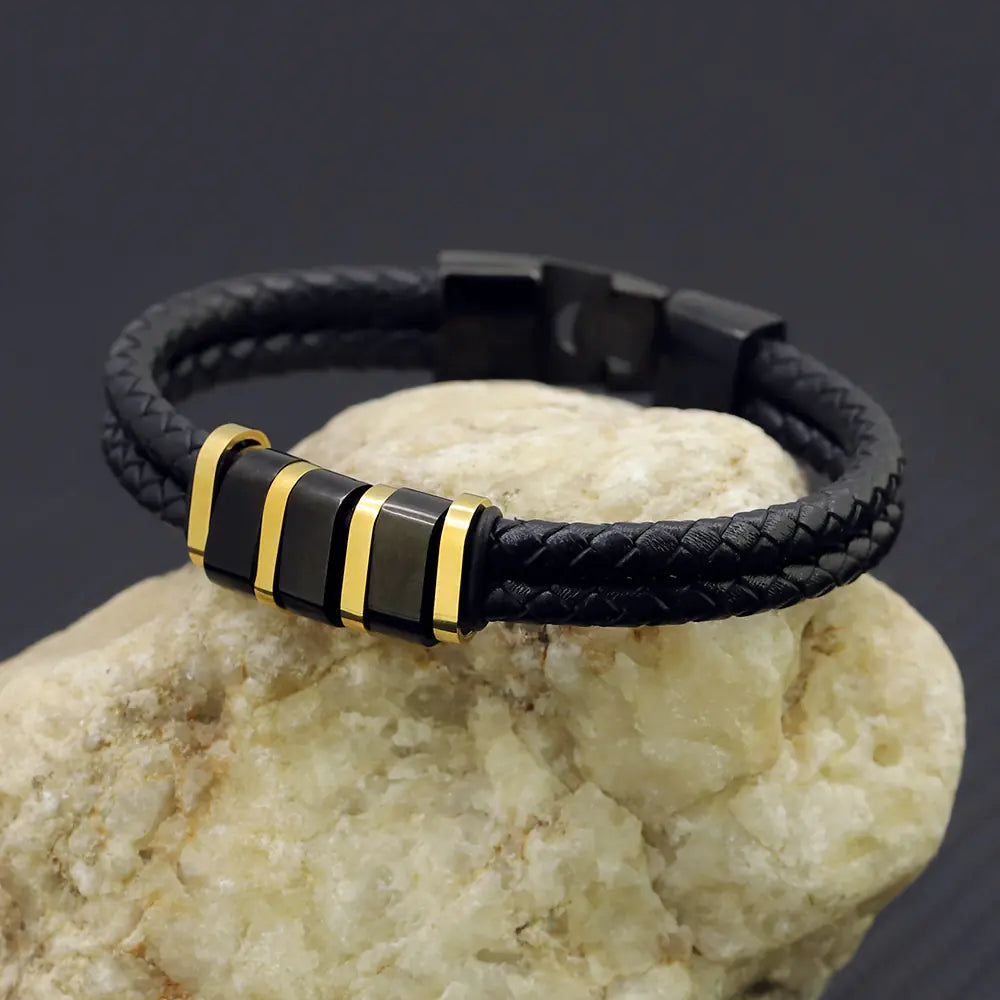 Braided Leather Bracelet with Stainless Steel Beads