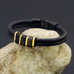 Black Leather Braided Bracelet with Stainless Steel Beads