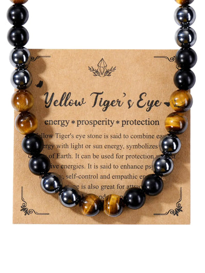 Jovivi 10mm Mens Healing Crystal Black Obsidian Tigers Eye Hematite Beaded Necklace Natural Stone Beads Necklace Triple Protection Jewelry Gifts for Men Stress ReliefBalance