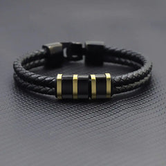 Black Leather Braided Bracelet with Stainless Steel Beads