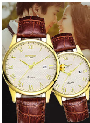 Waterproof Couple's Watch with Leather Strap
