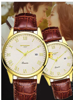 Fashionable Waterproof Couple Watches with Leather Strap