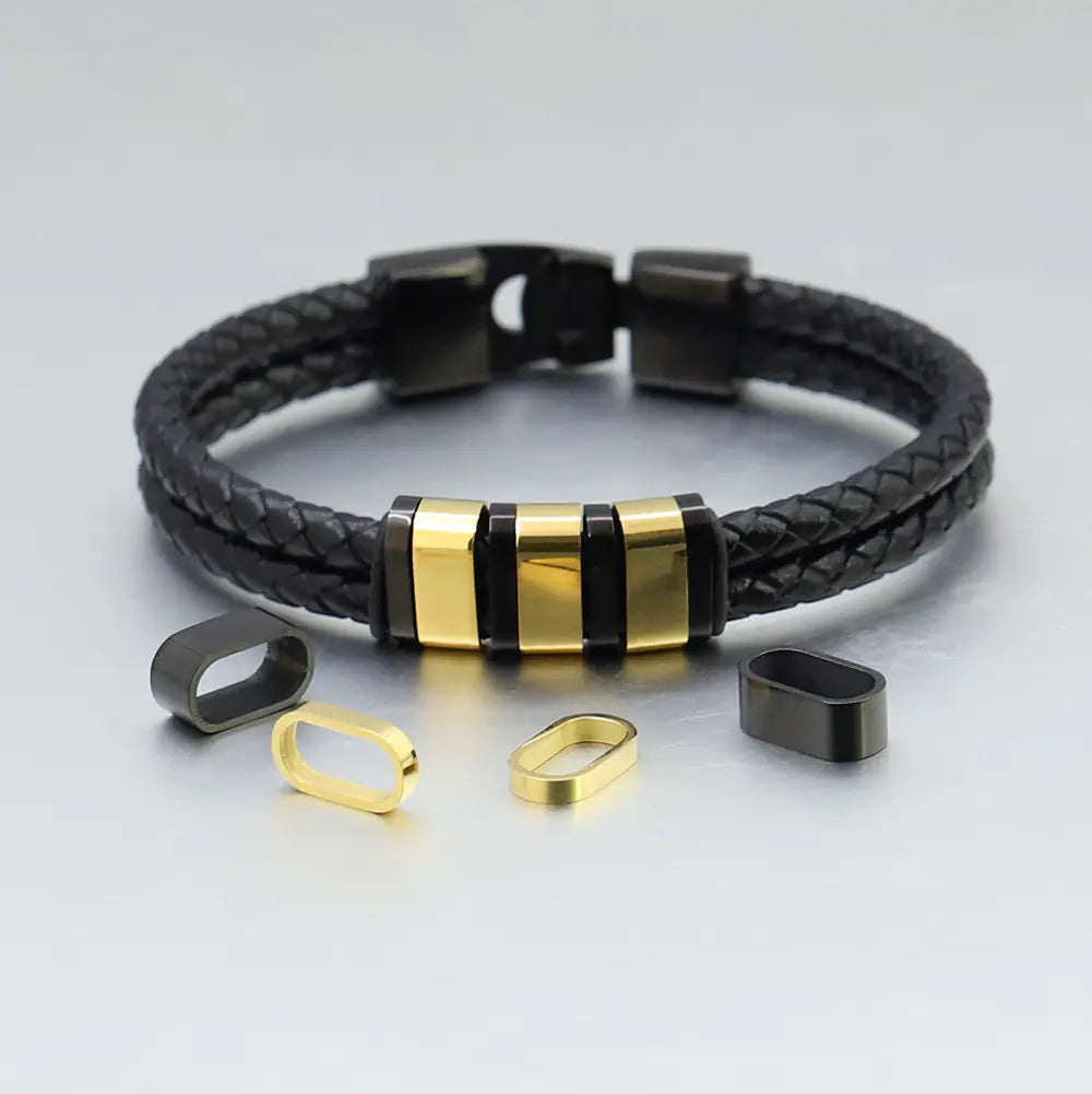 Braided Leather Bracelet with Stainless Steel Beads