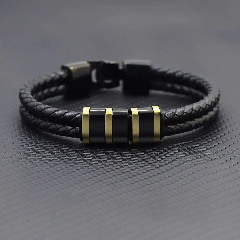 Braided Leather Bracelet with Stainless Steel Beads