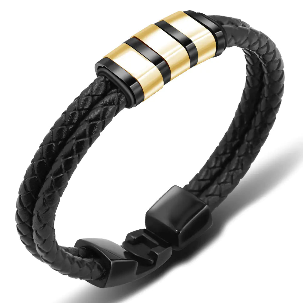 Braided Leather Bracelet with Stainless Steel Beads