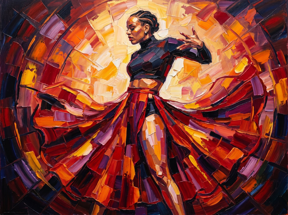 Original Kimbo dancer artwork in expressive red, orange, gold, and deep blue brushwork