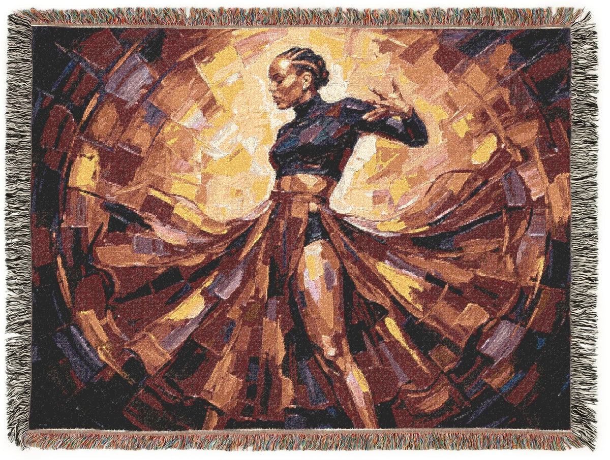 Kimbo woven art blanket featuring an expressive dancer in warm red, gold, and umber tones