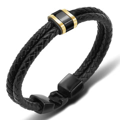 Black Leather Braided Bracelet with Stainless Steel Beads