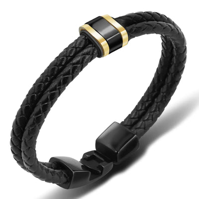 Black Leather Braided Bracelet with Stainless Steel Beads
